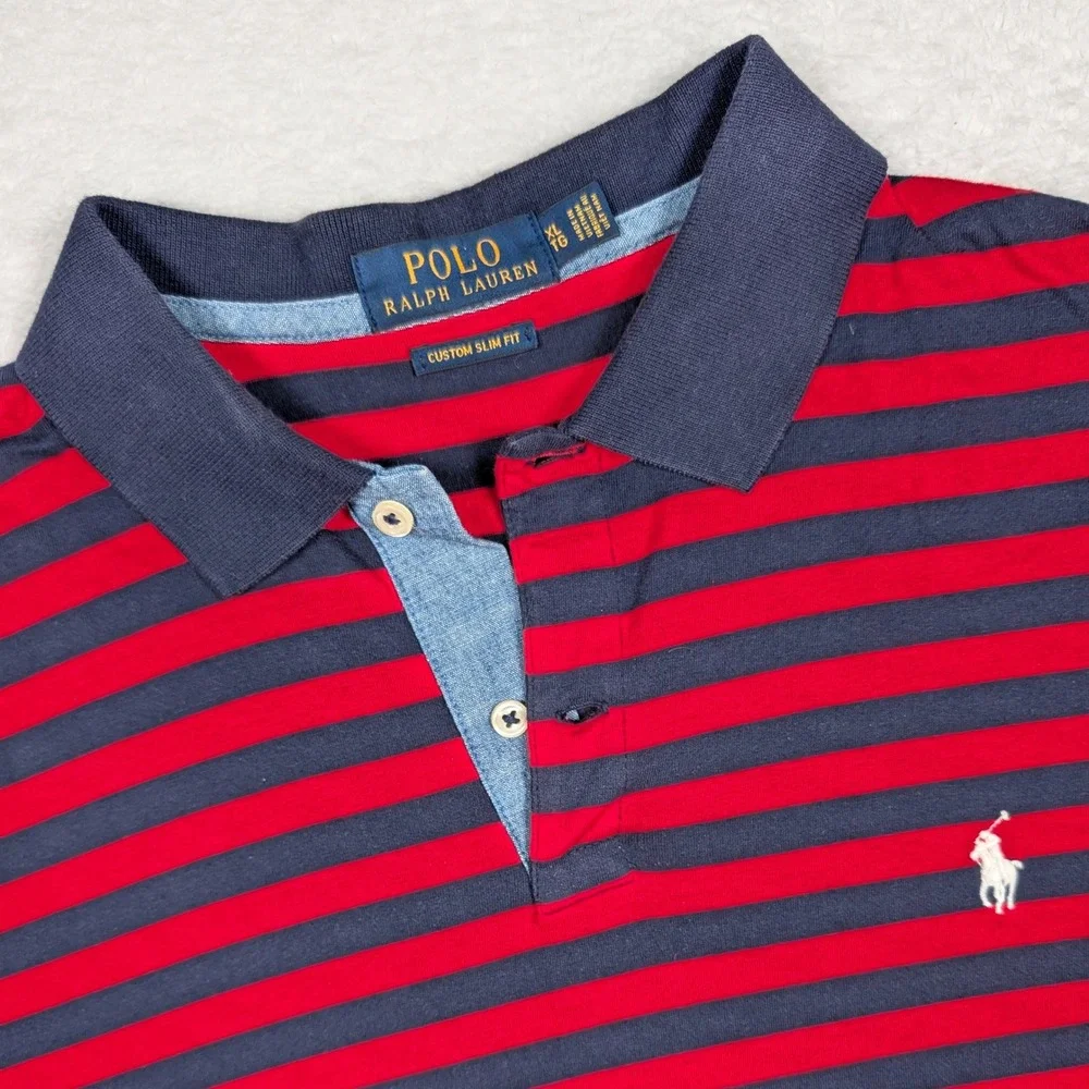 Polo Ralph Lauren‎ Shirt Mens XL Red Blue Stripe Chambray Custom Slim Fit Pony